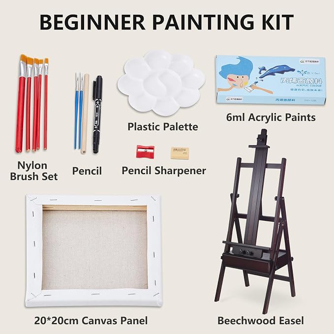 Beech Wood H-Frame Painting Easel with Storage Drawer, Walnut
