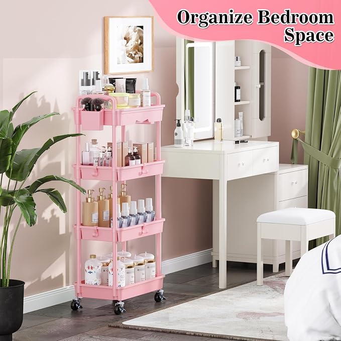 SUNALLY 4 Tier Rolling Cart with Drawer, Craft Storage Cart Organizer, Pink