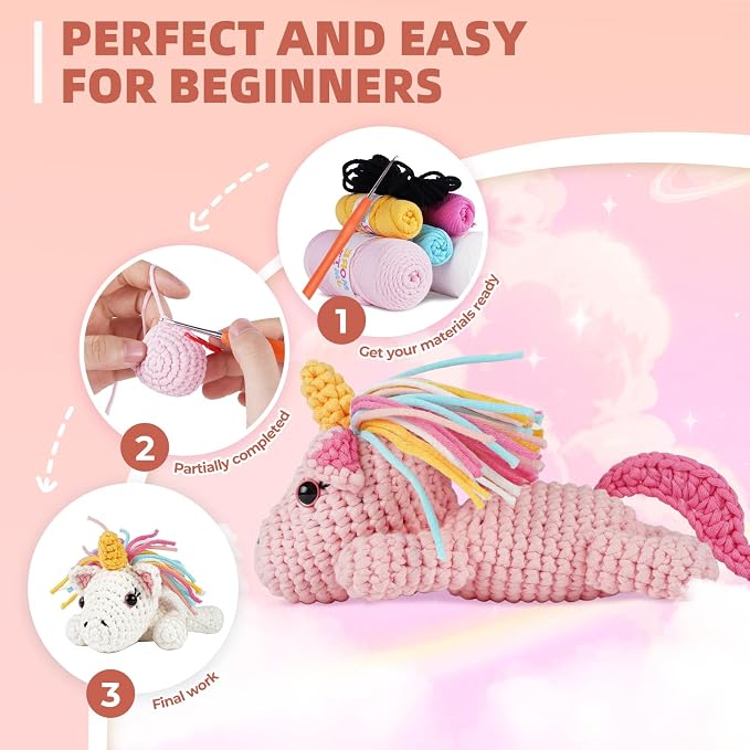 MOREJMTT Crochet Kit for Beginners, Learn to Crochet, Include Easy Knitting Soft Yarn, Step-by-Step Video Tutorial, Hook, Holiday Birthday Gift for Adults (Unicorn)