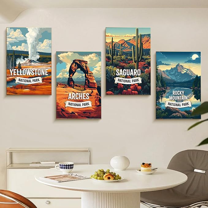 4 Pack Framed Paint by Numbers Kit for Adults with Wooden Easel 8x12 Inch | National Park, With Frame Canvas, For Adults Beginner, DIY Acrylic Painting, Stress Relief Craft Kits, Home Wall Decor Gift