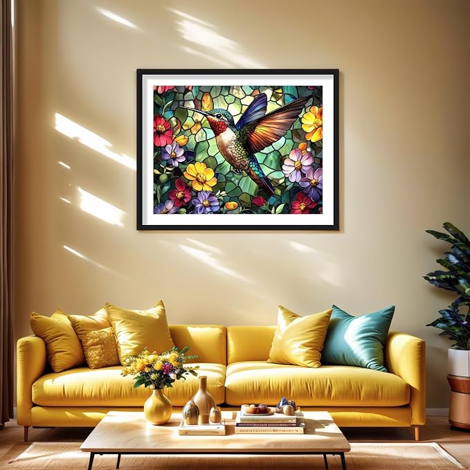 PINFFSHU Hummingbird Diamond Art Paintings Flowers 5D Diamond Painting Kits for Adults DIY Stained Glass Diamond Art Kits Full Drill Gem Art Crafts for Adults Bird Wall Art Decor Gift 16x12 Inch