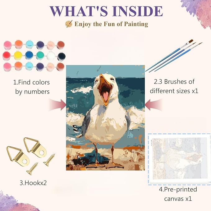 BYGFHLYW Funny Seagull Beach Ocean Paint by Numbers Kit for Adults Canvas | Coastal Seaside Easy Adult Paint by Number Kits On Canvas, DIY Acrylic Oil Painting Kits for Animal Home Wall Decor 12x16Inch
