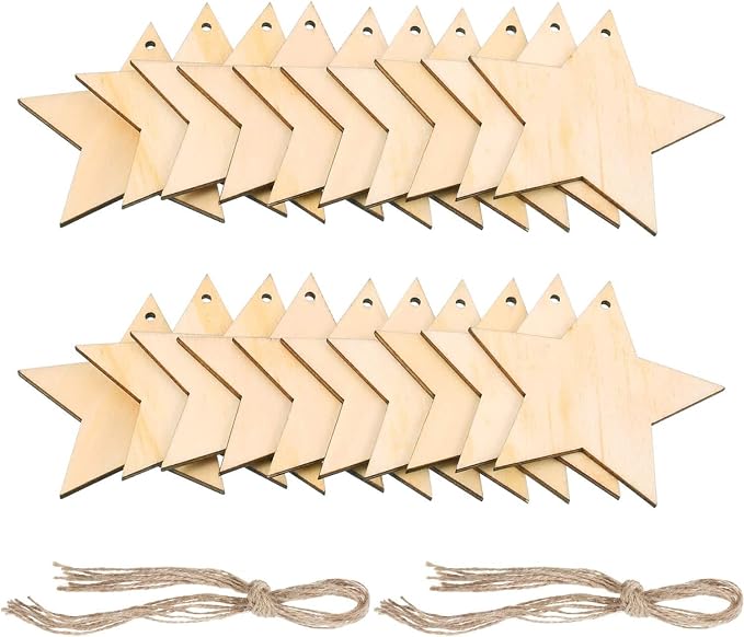 60PCS Unfinished Wood Star Cutouts with Sling Hole(Wooden Star)