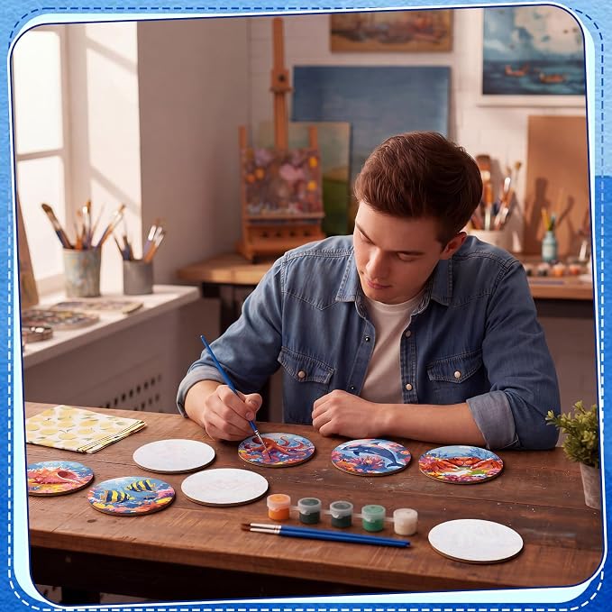 Reallnaive 8 Pcs Ocean Paint by Numbers Kit for Adults Wood Coastal Coaster | Mini Paint by Numbers, Tiny Marine Animal Round Oil Painting Drink Coaster with Holder, for Small DIY Craft Pink Blue Gift