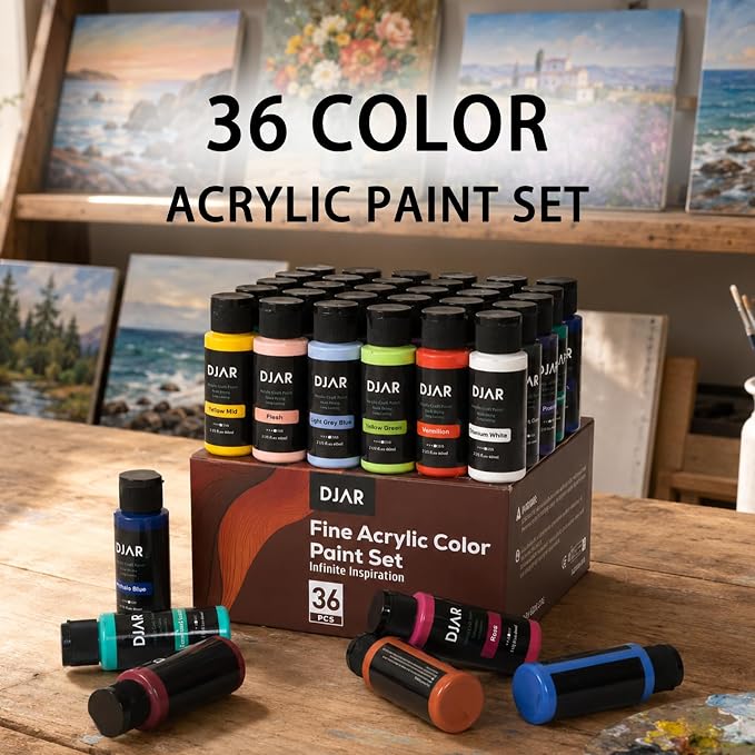 DJAR 36 Colors Acrylic Paint Set for Artists Beginners, 2 fl oz/60ml | Rich Pigments Colors Painting Supplies, Waterproof & Fast Dry, Works on Canvas, Rocks, Wood, Ceramic & Fabric, Safe Non-Toxic