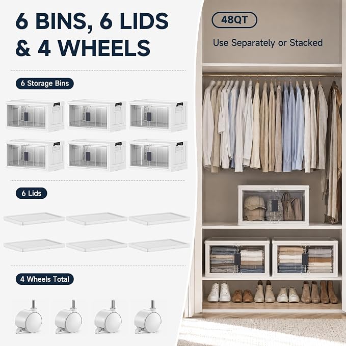 OlarHike 48QT Storage Bins with Lids for Home, Office, Closet, Dorm, 6 Pack | Multi-Lid, Lockable Cabinet, Doors & Wheels, Stackable Organizers, Plastic Drawers, Containers, Living room, Kitchen, School