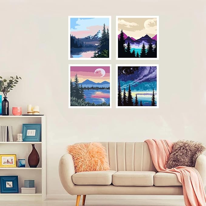 4 Pack Paint by Numbers Kits for Adults with Frame 8x8 Inch