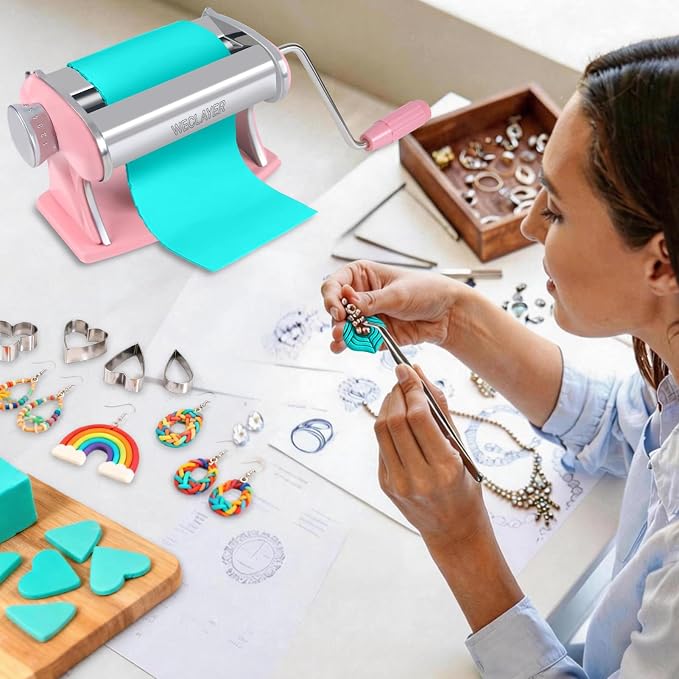 Polymer Clay Press Machine,Clay Roller Machine,Includes Clamp and Hand Crank,Stainless Steel Polymer Clay Tools for Clay Earring Making,7 Thickness Clay Pasta Machine-Pink