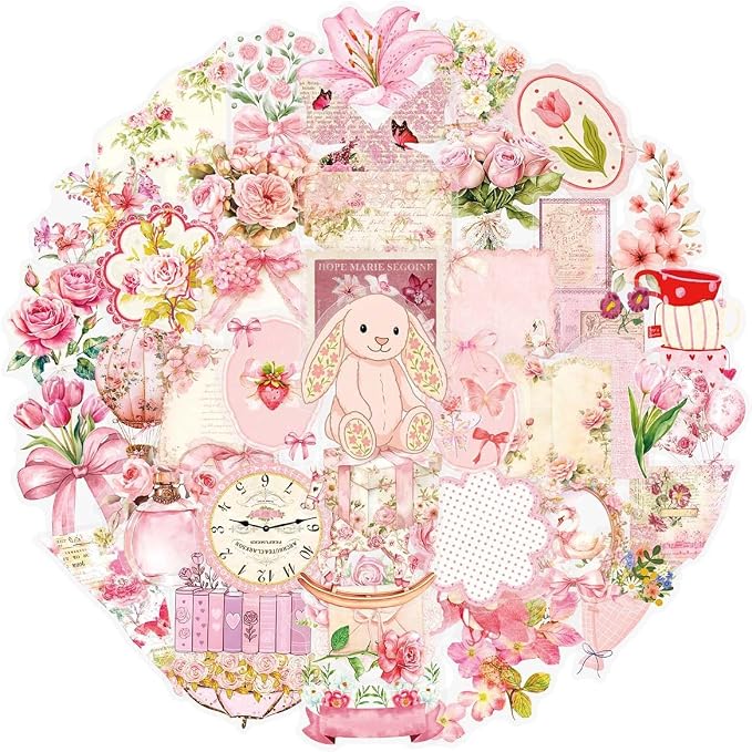 Transparent Pink Aesthetic Stickers,50PCS Girl's Love Waterproof PET Sticker for Scrapbook Journaling Photo Album Collage Card Girl's Romantic Stickers for Girl and Woman(Colourful-F14)