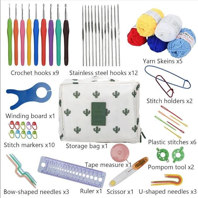 BJSSBJH Crochet Tools and Supplies Set, 57-Piece Crochet Hook Kit with Yarn and Accessories, Portable Craft Tool Kit for Adult Beginners and Experienced Crafters (C Style)