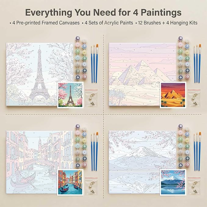 Amphol Framed Paint by Numbers Kit for Adults, Landmarks 4 Pack Paint by Number Kit for Beginners wtih Frame, DIY Landscape Oil Painting Arts on 10”x10” Framed Canvas, Great Home Wall Decor Gift