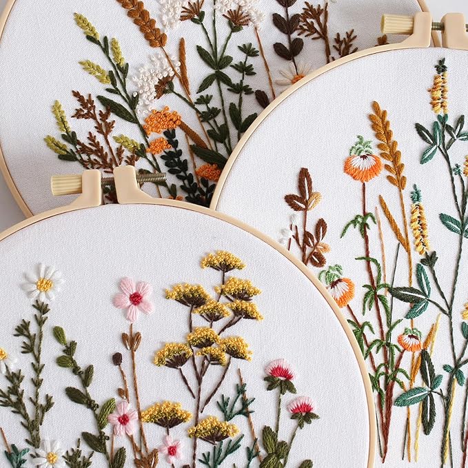 GLTAYLMY Flower Embroidery Kit for Beginners with Pattern and Instructions,3 Pack Cross Stitch Kits,1 Plastic Embroidery Hoops,Threads and Needles,Needlepoint Kit for Adults