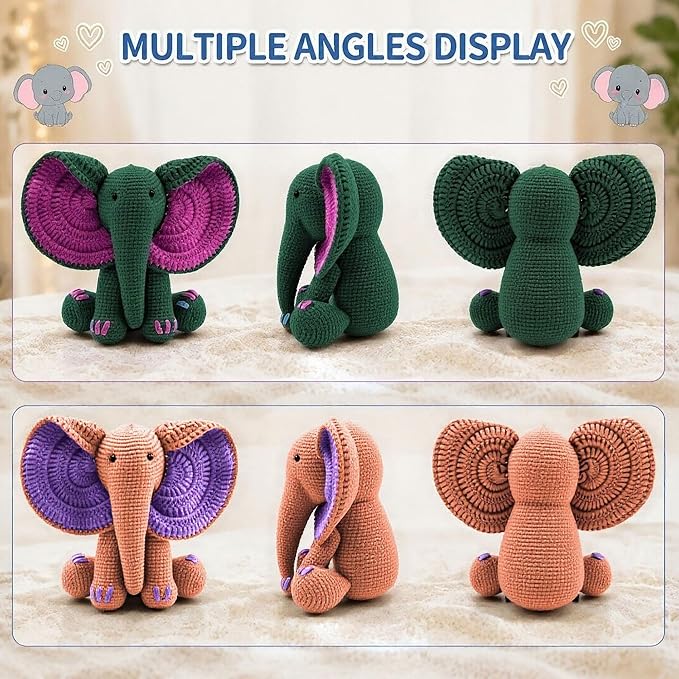 JYZJDKE Crochet Kit for Beginners Adults - DIY Amigurumi Elephant Knitting Starter Kit with Yarn Sets, Crochet Animal Kit Cute Stuffed Animal Craft Birthday Gifts (Dark Green+Flesh Pink Elephant)
