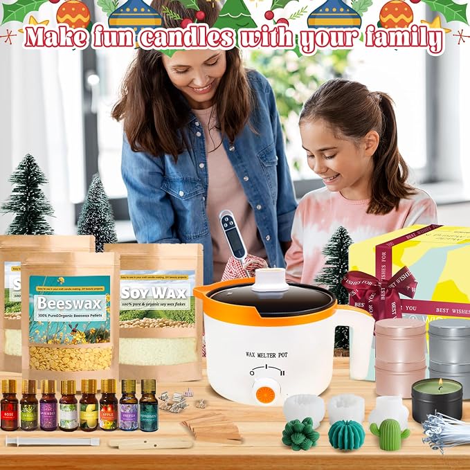 Complete Soy and Beeswax Candle Making Kit for Adults with Wax Melter | Wax Melt Making Kit Includes 2lb Soy Wax, 1lb Beeswax, 12 Candle Jars, Candle Moulds