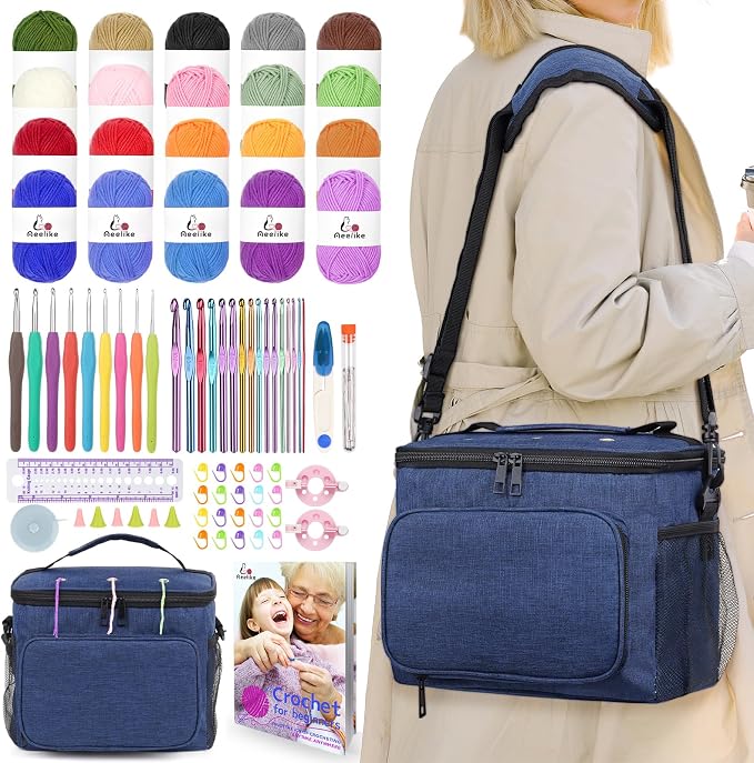 Aeelike 87PCS Crochet Beginner Kit for Adults,Portable Yarn Bag Kit,Navy | Crochet Starter Kits with Yarn, Ergonomic Hooks & Storage Case, Learn-to-Crochet Set for Adults, Kids & Seniors,