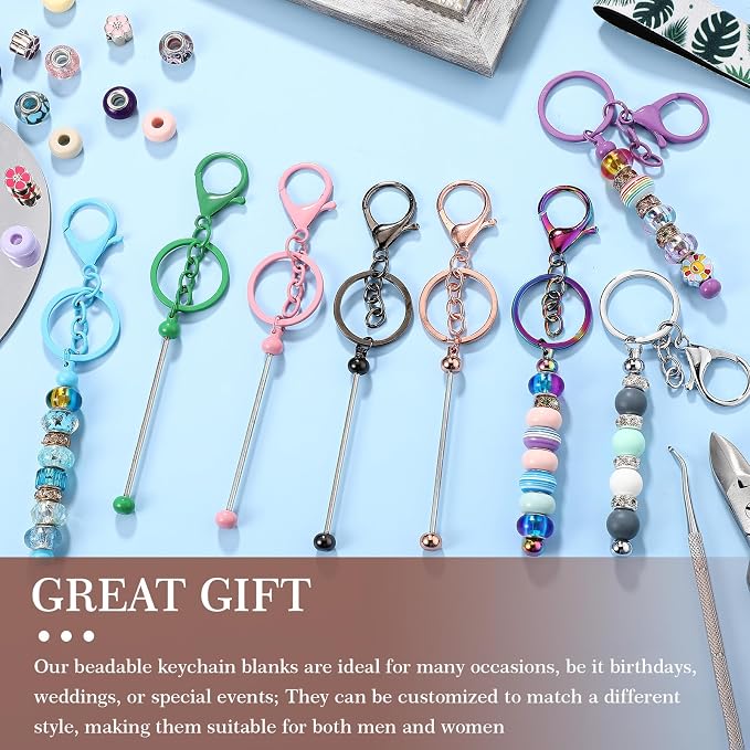 Tondiamo 12 Pcs Beadable Keychains Bars Bulk Blank Beaded Metal Keychain for Craft DIY Gift