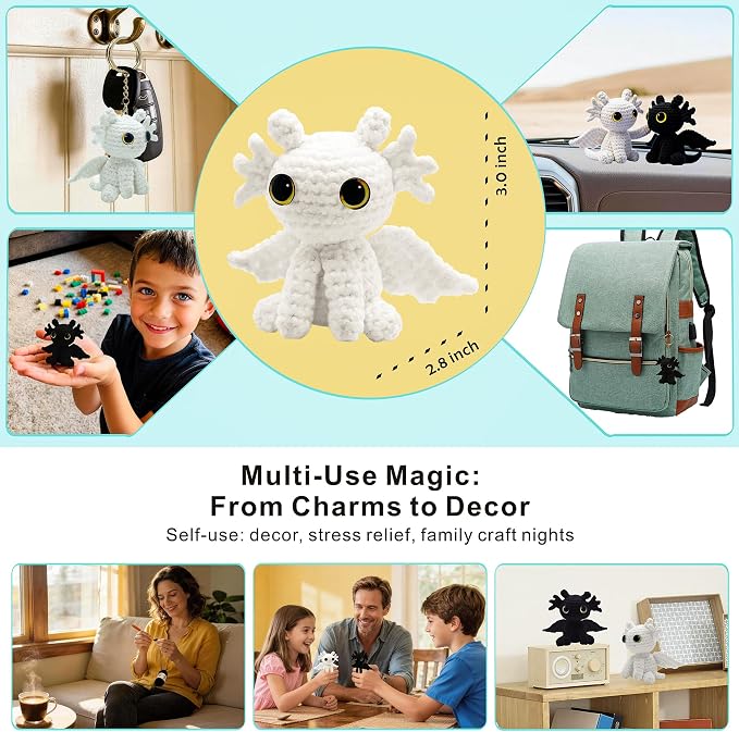 LuNuaFvy Crochet Kit for Beginners, Adults & Kids, Complete Animal Starter Kit to Make 2 Amigurumi Dragons,DIY Gift with Easy-to-Follow Book & Video Tutorial, Soft Yarn, 2 Bags