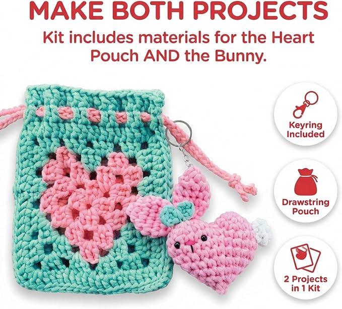 Wimmsie Crochet Animal Kit for Beginners - Easy Granny Square Crochet Kit for Beginners Kids & Adults - Cute Amigurumi Heart Bunny Keychain & Mini Heart Purse - Step by Step Video Tutorials
