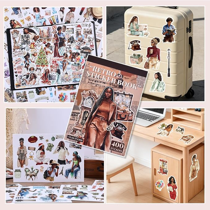 Black Girl Sticker Book, 400+ Vintage Scrapbook Stickers for Black Teen Girls & Women, 30 Pages of Waterproof Vinyl Aesthetic Decals Motivational Quotes for Journaling Planner, Scrapbooking, Laptop
