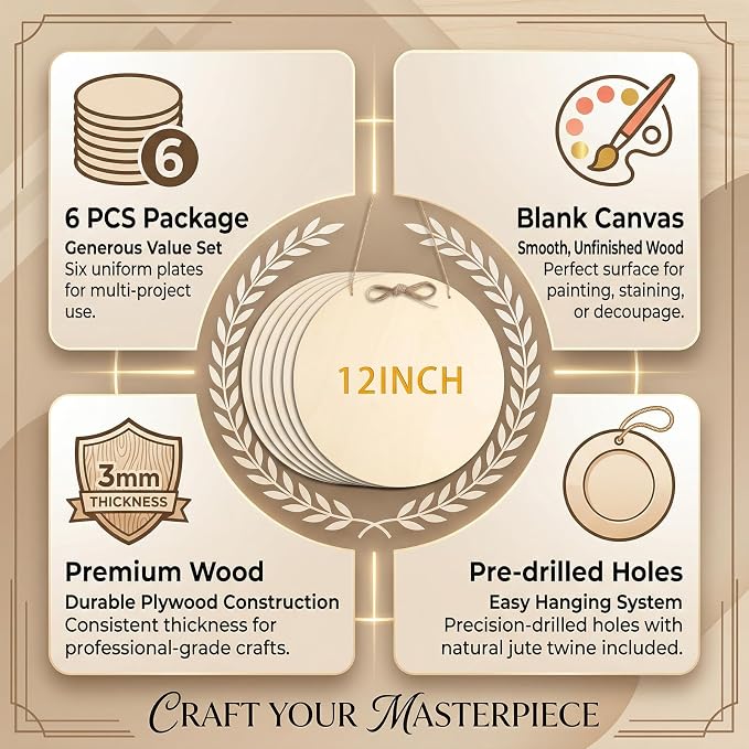 6 Pack Round Wooden Discs, Unfinished Wood Circles for Crafts DIY Projects Painting, Holiday Decorations Wooden Door Hanger Signs, 12 Inch