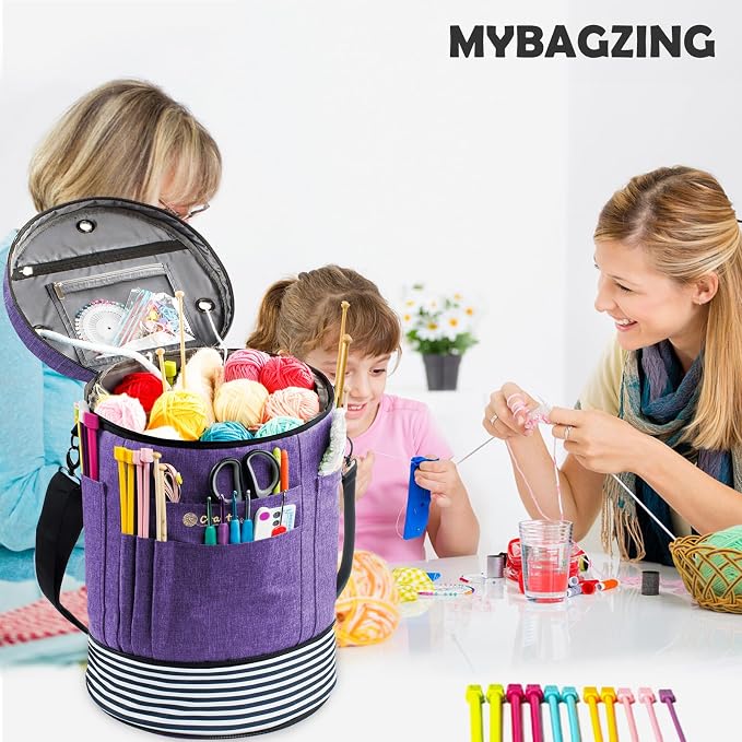 MYBAGZING Expandable Crochet Bag - Knitting and Yarn Storage Organizer Tote with Zipper Closure - Ideal Gift for Crocheting Accessories and Supplies