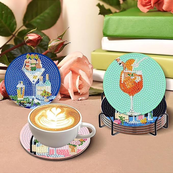 askkqtx 8 Pcs Cocktail Diamond Art Coasters Kits with Holder 4X4 Inch