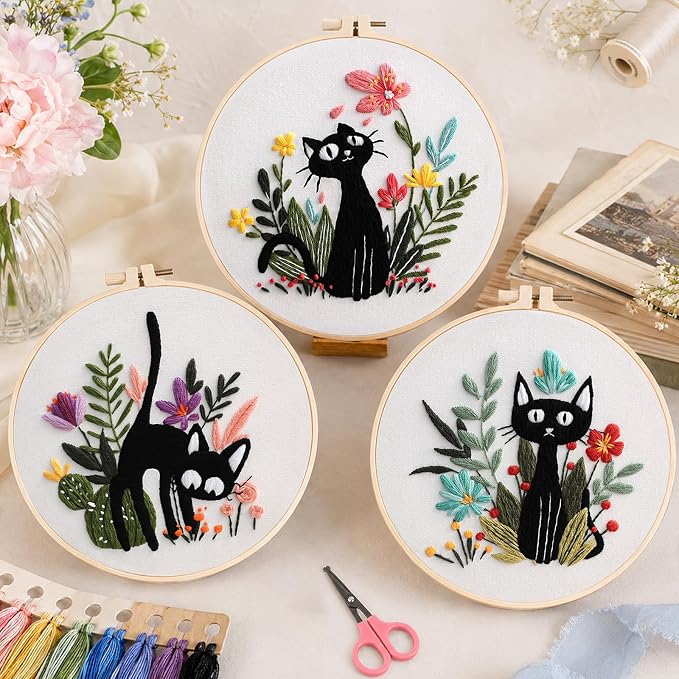 Meyocky Embroidery Kit for Beginners with Cat Flower Patterns& Stitch Video | 3-Piece Hand Embroidery Kits with Pre-Stamped Fabrics Hoop Threads, Step-by-Step Instructions, Relaxing Craft Gift for Women