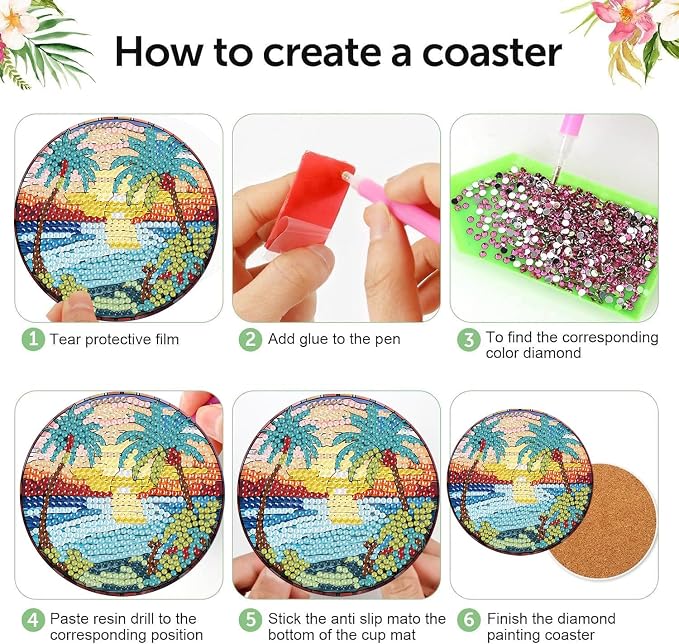8 Pcs Diamond Art Coasters Kits, Beach Diamond Painting Coasters Kits