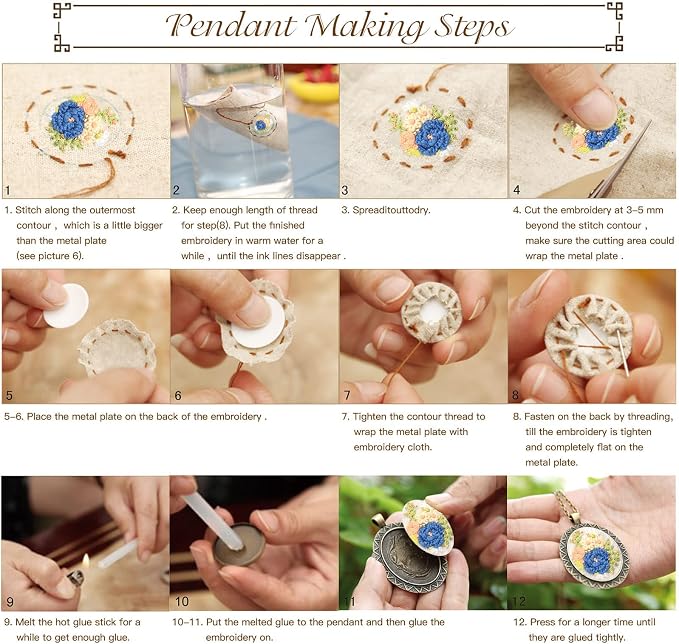 ZOCONE 3 Packs Embroidery Necklace Kit, Embroidery Pendant Kits Mini Cross Stitch Kit with Hoop, Necklace, Pendant, Beads, Stamped Pattern Cloth, Instructions, etc., Embroidery Kits for Adults
