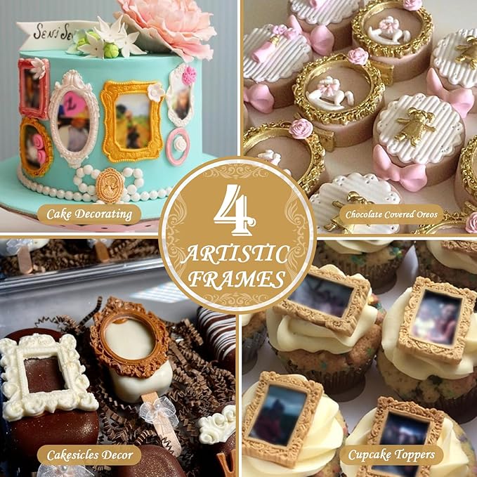 HKNMTT Picture Frame Molds Silicone Baroque Vintage for Fondant Candy Clay Covered Oreo Cake Photo Decorating Cupcake Toppers, 4 Shaped Round Square Frame Moulds Craft DIY Supplies Set