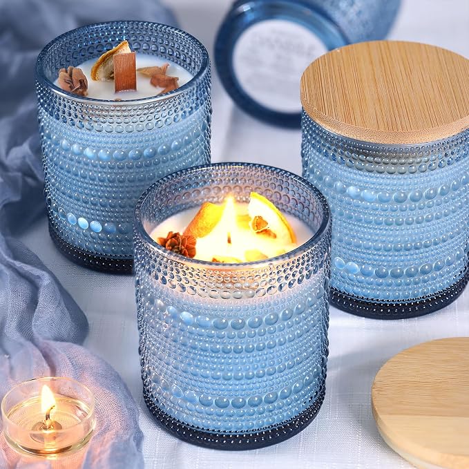 DARJEN 12 Pcs 10 oz Glass Candle Jars with Lids, Candle Container Tins-Blue | Thick Wall Ribbed Glass, Airtight Wood Lids, The go to candle jar for DIY, thoughtful gifters, growing candle brands