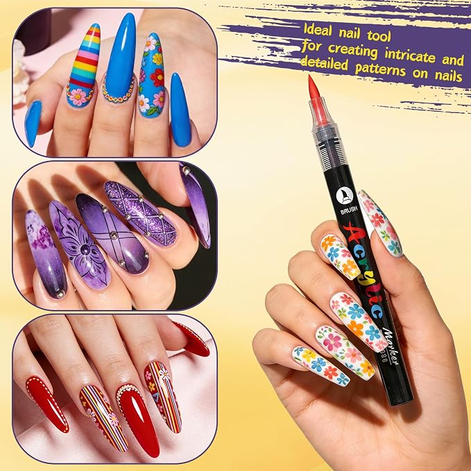 Artdone 12 Colors Nail Art Pens Set, 3D Quick-Drying Acrylic Paint Markers Nail Point Graffiti Dotting Drawing Liner Brush for DIY Gel Nail Polish Design Manicure Tools