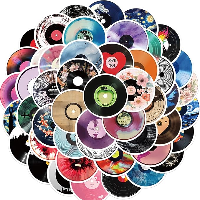 Music CD Stickers, 50 Pcs Vinyl Cartoon Record Album Sticker for Water Bottle Laptop Cars Guitar Skateboard Bumper Vintage Waterproof Music Stickers for Teens Adults (Colourful-F4)