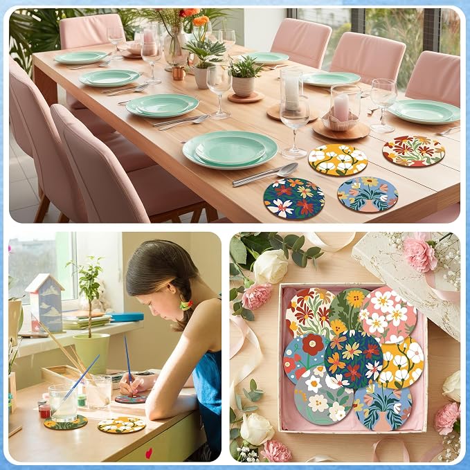 Reallnaive 8 Pcs Flower Paint by Numbers Kit for Adults Floral Coasters | Mini Paint by Numbers, Tiny Round Oil Painting Drink Coaster with Holder, for Small DIY Craft Birthday Gift