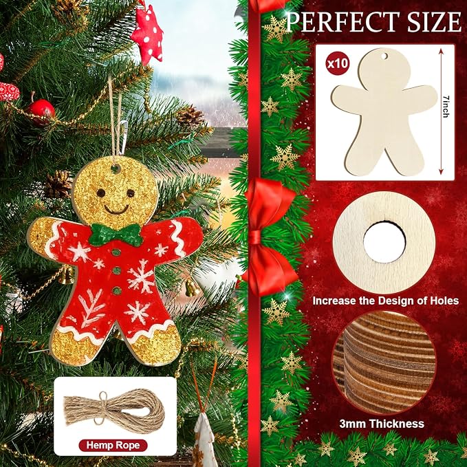 Large Size 7 inch Wooden Christmas Gingerbread Man Ornaments to Paint 10PCS, DIY Blank Cutouts Unfinished Wood Ornament for Home Crafts Hanging Christmas Decorations Winter