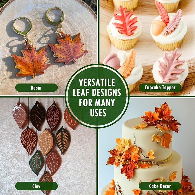 HKNMTT Leaf Fondant Silicone Mold Small Maple Shapes, 34 Cavity Tree Fern Leaves Rose Flower for Cake Cupcake Topper Craft Decorating Sugar Candy Clay Plant Moulds DIY BPA Free