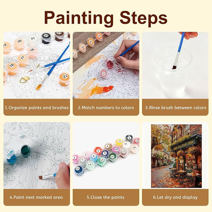 Gemozaic Fall Paint by Numbers Kit for Adults, Street Landscape, 16 x 20 in | Fall Inn Paint by Number on Canvas, Autumn Acrylic Painting by Numbers, Color by Number for Home, Wall Decor, Gift, Unframed