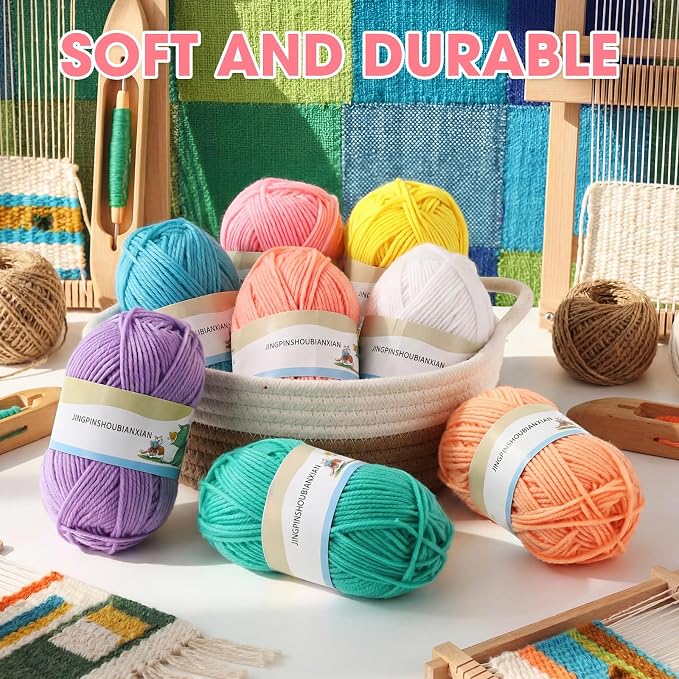 Buryeah Pastel Rainbow 8 Packs Crochet Yarn Knitting Bundle Beginner Acrylic Thread Fluffy Hand Tube Polyester Yarn Needles Bulky Kit Variety Pack 726 Yards for Weaving Crafts DIY Project Beginner
