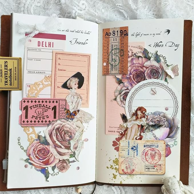 PRSTINCOL 100Pcs Vintage Sticker Pack - Scrapbooking Supplies & Junk Journal Accessories - Aesthetic Stickers for Water Bottles, Craft Kits, Bullet Journals - Retro Design