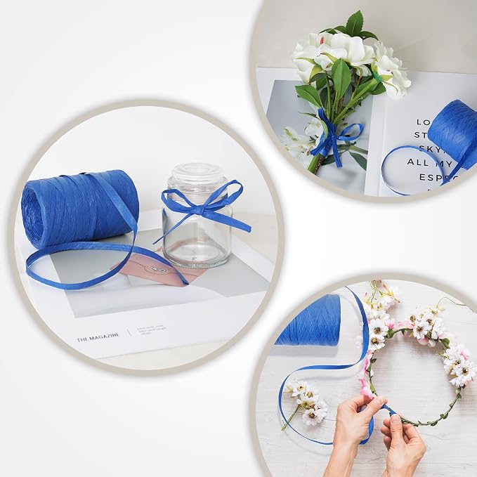 Raffia Ribbon Yarn for Crafts - Raffia Grass Twine for Gift Wrapping, DIY Decoration, Blinds & More | Matte String Paper Rope - 1/4'' Wide, 109 Yards, Blue