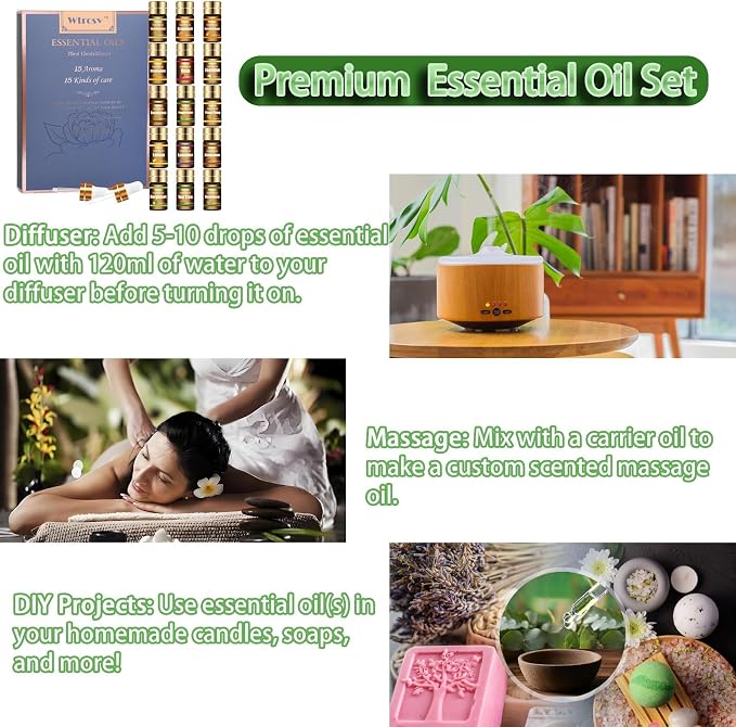 Essential Oils Set - Top 15 Scents for Diffuser, Humidifier, Skin Care, Aromatherapy, Massage, Candle & Soap Making - Fragrance Gift Set (5ml)