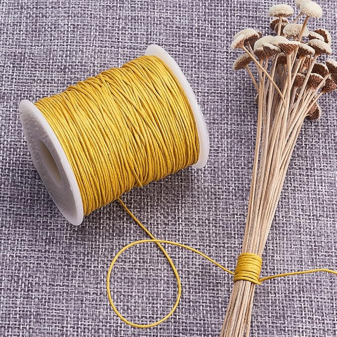 PH PandaHall 1mm Waxed Cotton Cord, 100 Yards Yellow Waxed Thread Beading String for Bracelet, Necklace, Jewelry, Waist Beads Making, Crafting, Macrame
