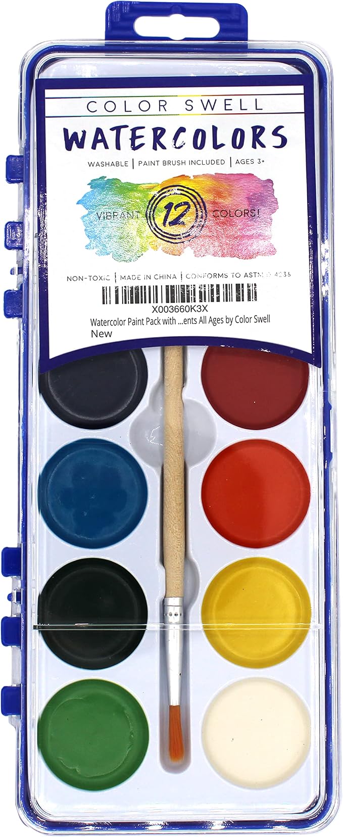 Color Swell 12 Color Bulk Watercolors with Wood Brushes, 36 Pack