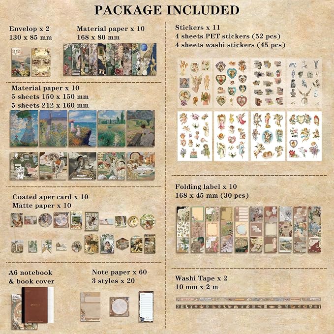 BoomTeck Vintage Aesthetic Scrapbooking Supplies, Bullet Junk Journal Kits with Scrapbook Paper, Washi Stickers, A6 Grid Notebook - DIY Craft Journaling Gift for Teen Girl Adult (Art Guide)