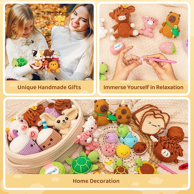 Mewaii Highland Cattle Crochet Kit for Beginners, 40% Extra Yarn | Video Tutorial, Pre-Started Piece, Gift Box, Level 1 Starter Kit, Family Craft for Adults, Kids & Beginners