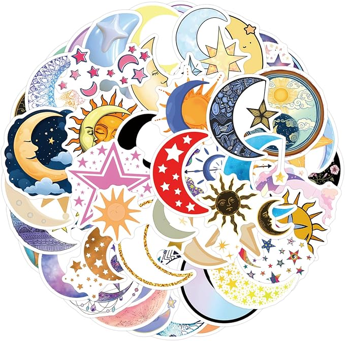 55pcs Moon and Star Stickers, Decals Vinyl Waterproof Stickers for Water Bottle Laptop Luggage Helmet Skateboard Snowboard Guitar Scrapbook Phone Gifts for Teens Girls Kids Adult (Colourful-F6)