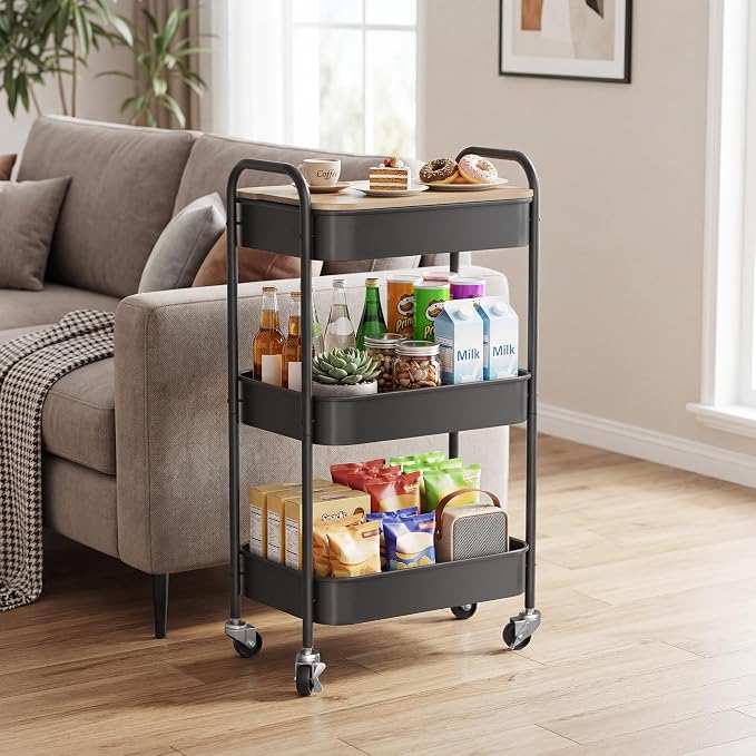DTK 3 Tier Rolling Cart with Wheels, Heavy Duty Metal Utility Cart, Mobile Storage Organizer with Lockable Casters, Multi-Purpose Rolling Cart for Nursery, Bathroom, Kitchen, Office, Classroom