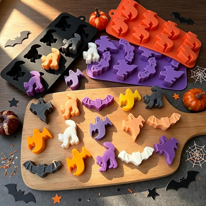3 Pack Halloween Silicone Molds, Ghost Bat Black Cat Candy Chocolate Molds