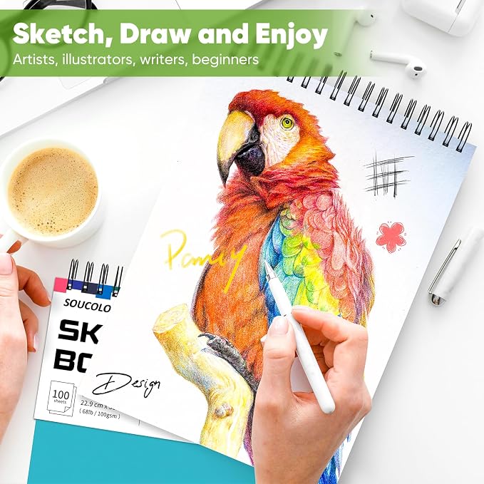 Soucolor Sketchbook 9x12, 100 Sheets Drawing Pad,Art Sketch Book for School | 68lb acid-free paper,No bleed-through,Lay-flat top spiral,Micro-perforated,for kids,Students & Back to School.All dry media
