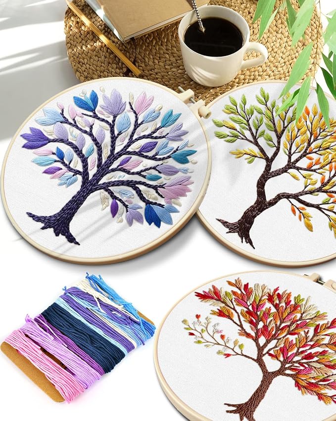 TINDTOP Embroidery Kit for Adult, 3 Pack Embroidery DIY Starter Kit | with Stamped Patterns, Hoop, Tools, Colorful Threads with Needles, Instructions (Color Tree)